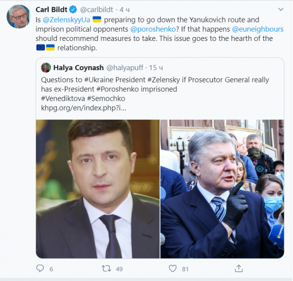 Бильдт предупредил Зеленского из-за преследования Порошенко
Бильдт предупредил Зеленского из-за преследования Порошенко