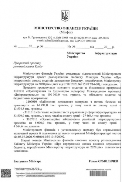 Криклий лично просит снять деньги со строительства аэропорта в Днепре и перенаправить их на зарплаты себе и своим подчиненным, - Филатов. Документ
Криклий лично просит снять деньги со строительства аэропорта в Днепре и перенаправить их на зарплаты себе и своим подчиненным, - Филатов. Документ